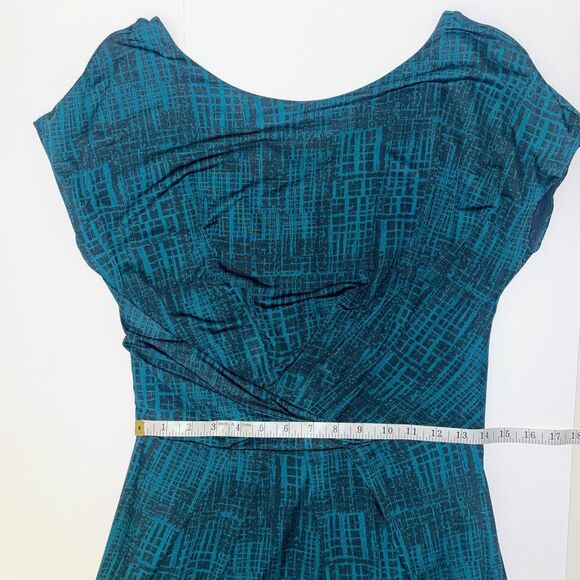 MAX MARA Teal Jersey Draped Gathered Waist Faux Wrap Dress Black Geo Print US 6 - Picture 8 of 13